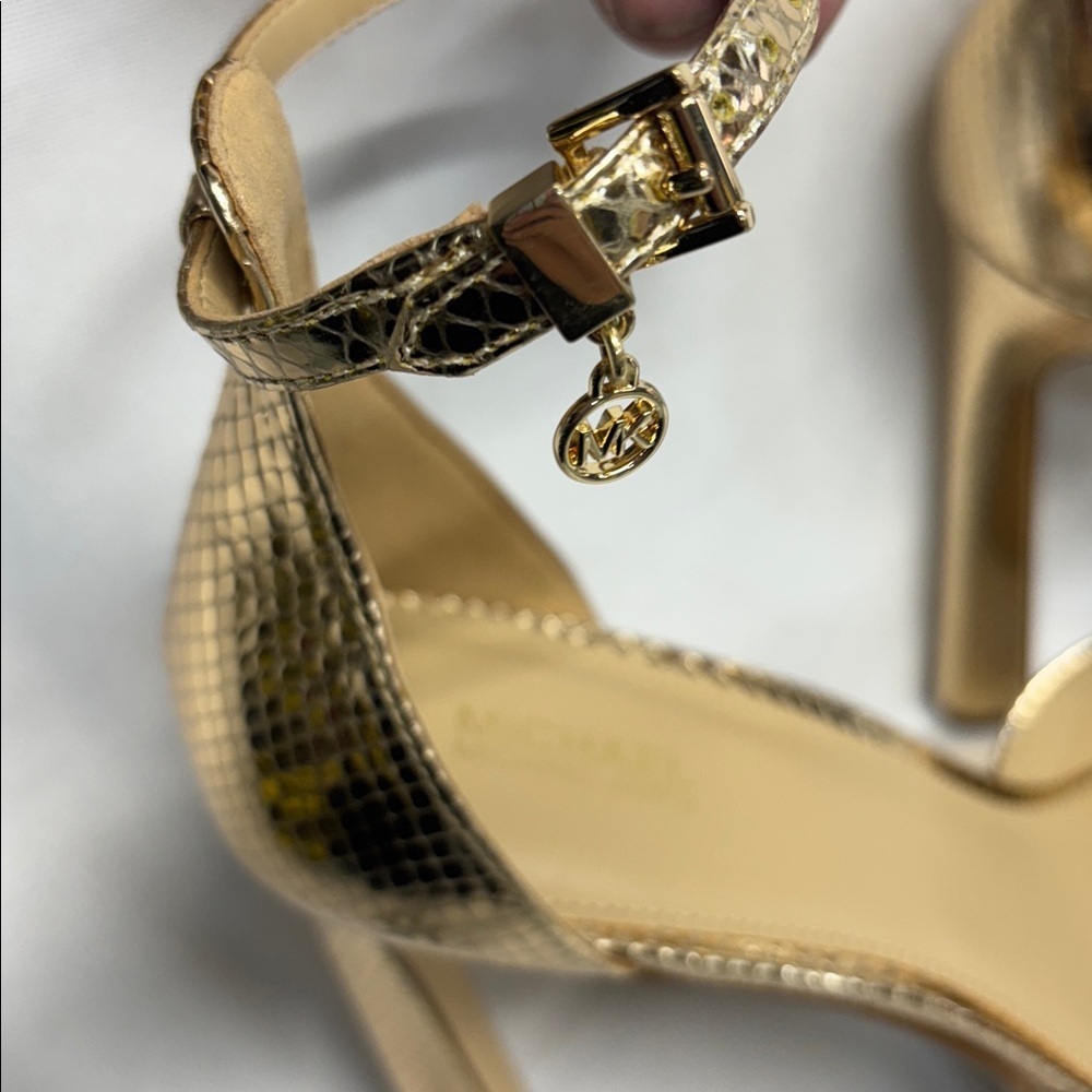 Michael Kors Martina peep toe leather Gold snakeskin Platform High Heels 9.5 - Picture 2 of 11